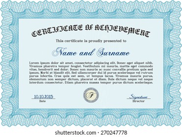 Sky blue Certificate, Diploma of completion with guilloche pattern and background, border, frame. Certificate of Achievement, Certificate of education, awards, winner.