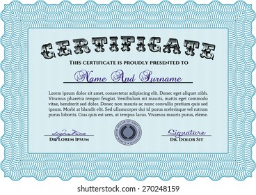 Certificado azul cielo, Diploma de terminación; plantilla de diseño con patrón guilloche, borde, marco.