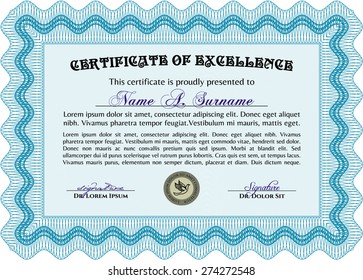 Sky blue Certificate, Diploma of completion with guilloche pattern and background, border, frame. Certificate of Achievement, Certificate of education, awards, winner.