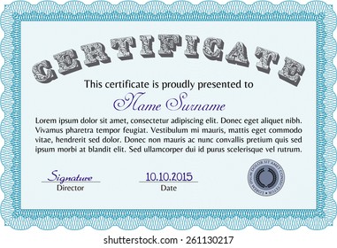 Plantilla de certificado de Sky Blue. Horizontal, con fondo y texto de ejemplo. Diseño de borde complejo.