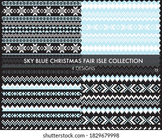 Sky Blue Christmas fair isle pattern collection includes 4 design swatches for fashion textiles, knitwear and graphics