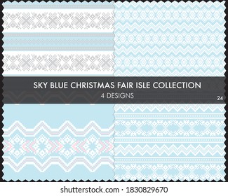 Sky Blue Christmas fair isle pattern collection includes 4 design swatches for fashion textiles, knitwear and graphics
