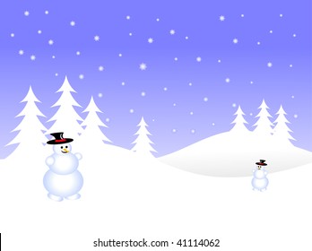 A sky blue christmas scene with a snowman on a snowy background with white snow covered trees