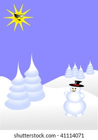 A sky blue christmas scene with a snowman on a snowy background with white snow covered trees