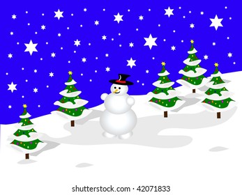 A sky blue christmas scene with a snowman on a snowy background with white snow covered trees