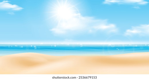 Sky Blue, Cloud Background, Horizon Spring Clear Sky in Morning by the beach, Vector beautiful landscape nature sunrise in Summer, Backdrop panoramic banner white clouds over blue ocean