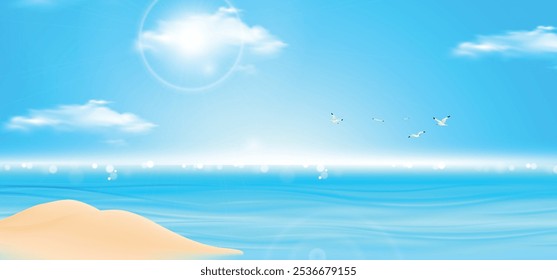 Sky Blue, Cloud Background, Horizon Spring Clear Sky in Morning by the beach, Vector beautiful landscape nature sunrise in Summer, Backdrop panoramic banner white clouds over blue ocean