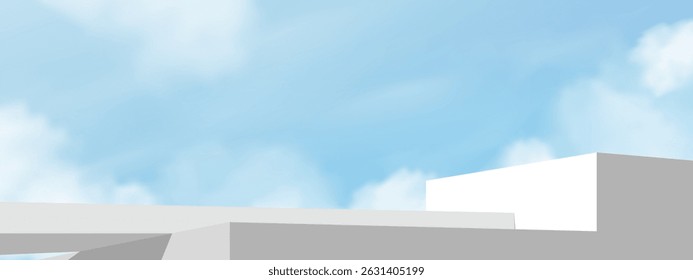 Sky blue, Cloud background and Stand cylindrical podium pedestal,Minimal Abstract shape white, grey 3d abstract stage showcase platform for product display mockup for cosmetic, spa, beauty banner