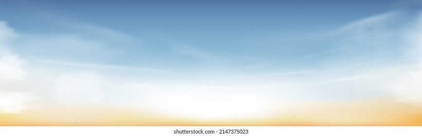 Sky blue with cloud background ,Vector Horizon beach sunset with yellow color on  spring,Panorama beautiful Nature morning sunrise sky in sunny day Summer,Banner landscape background  - Shutterstock ID 2147375023