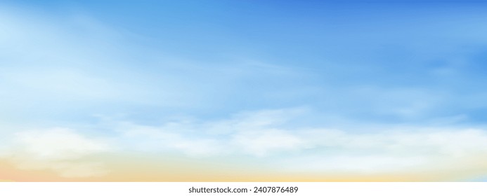 Sky blue with cloud background ,Vector Horizon beach sunset with yellow and blue colour in Spring,Panorama beautiful Nature morning sunrise sky in sunny day Summer,Banner landscape background