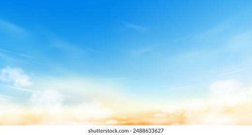 Sky blue with cloud background ,Vector Horizon beach sunset with yellow color on spring,Panorama beautiful Nature morning sunrise sky in sunny day Summer,Banner landscape background