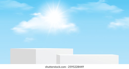 Sky Blue Cloud Background, White Podium Platform Step, Minimal 3d Display for Summer Cosmetic Product Presentation Banner Design, Vector Scene Nature Landscape of Spring Sky with Building wall