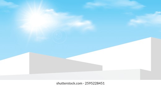 Sky Blue Cloud Background, White Podium Platform Step, Minimal 3d Display for Summer Cosmetic Product Presentation Banner Design, Vector Scene Nature Landscape of Spring Sky with Building wall