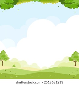 Céu azul com fundo de nuvem,Paisagem de primavera com campo de grama verde e árvore na montanha,Panorama Natureza Verão rural com espaço de cópia,Cute Cartoon vetor ilustração pano de fundo banner para Páscoa