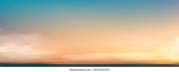 Himblau mit Wolkenhintergrund, Vector Horizon Beach Sonnenuntergang mit gelb, rosa, orangefarbene Pastelltücher im Frühling, Panorama schön Naturschöner MorgensonnaufenthHimmel im Sommer, Banner-Hintergrund