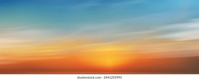 Himmelblau mit Wolkenhintergrund, Vector Horizon Strand Sonnenuntergang mit gelb, pink, orange, rot im Frühling, Panorama schöne Natur Morgen Sonnenaufgang Himmel im Sommer, Banner Romantischer Himmel Landschaftshintergrund	
