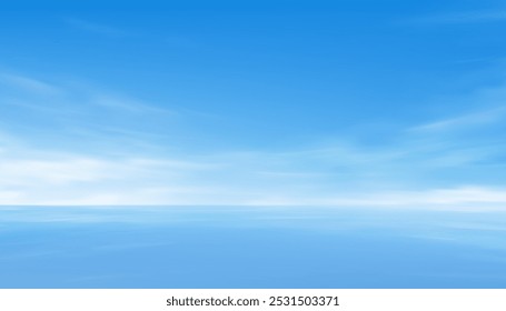 Sky Blue Cloud Clear Background With White Bright Summer Horizon Landscape, Panorama Winter Dramatic Sunset Sun Vector Weather Illustration For Seasonal Banner, Nature Wallpaper And Panoramic Design