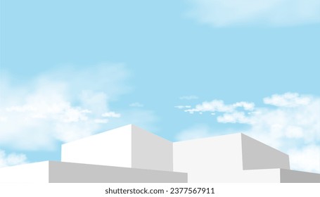 Azul cielo y nube sobre el paso de podio,Banner de verano de la plataforma de fondo Abstracto Pantalla de la pantalla de presentación de la fase blanca Mockup,Diseño mínimo de vectores 3d Fondo gris para el producto cosmético