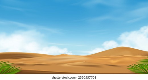 Sky Blue Cloud over Sand Texture Background with Palm Leaves,Horizon Desert sand dunes for Summer Product Presentation,Vector Coconut leaf on Brown Sandy Beach in sunny day for Travel vacation banner