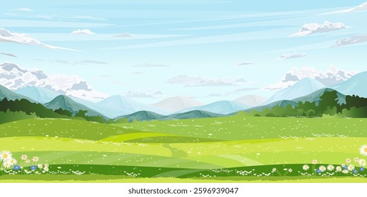 Sky blue, cloud for Spring background,Nature landscape in village with meadow, rural road on hill, cloudy in sunny,Vector cartoon Summer landscape countryside with mountains, wild flowers field