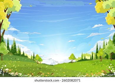 Sky blue, cloud for Spring background,Nature landscape in village with meadow, rural road on hill, cloudy in sunny,Vector cartoon Summer landscape countryside with mountains, wild flowers field
