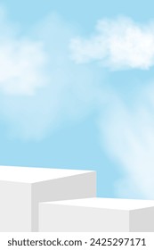 Cielo azul y nube con paso de podio blanco, plataforma 3d maqueta paso de visualización para la presentación de productos cosméticos de verano para la venta, promoción, web en línea, escena naturaleza cielo de primavera con pared de construcción 