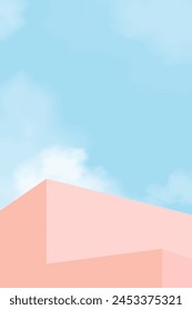 Azul cielo y nube con paso de podio blanco, plataforma 3d paso de visualización de maqueta para la presentación de Producto cosmético de verano para la venta, promoción, Web en línea, escena Naturaleza cielo de primavera con pared de construcción 