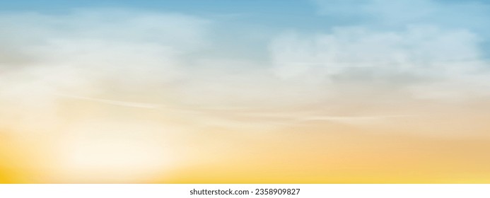 Sky blue with cloud,Horizon Sunset Sky in light blue,yellow color,Vector Panorama beautiful nature in evening Summer by the beach,Banner background for World environment day,Save the earth,Earth day