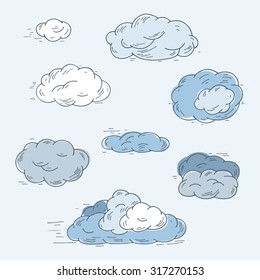 Sky. Blue clouds. Hand Drawn Doodle Clouds Vector Collection. 