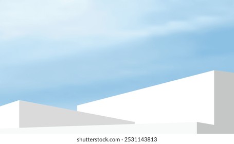 Sky Blue and clouds. Sunlight Background,White Podium Platform Step,Minimal 3d Display for Summer Cosmetic Product Presentation Banner Design,Vector Scene Landscape