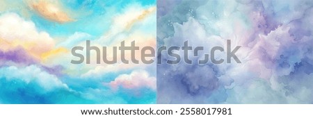 The sky is blue and the clouds are white. The sky is filled with clouds and the clouds are scattered throughout the sky