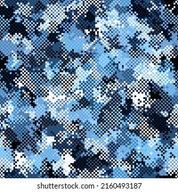 Sky Blue Color Halftone Background. Abstract Texture with Squares for Textile Print, Banner, Card, Web or Mobile Applications. Modern Tech Halftone Pattern with Color Pixels. Vector Texture.