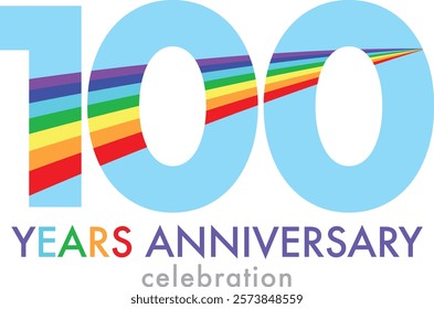 sky blue color number 100 with rainbow stripe color inside and word years anniversary celebration are at the bottom.