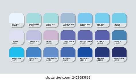 Sky Blue Color Palette, Blue Color Code Guide Palette with Color Names, Catalog Samples Blue with RGB HEX codes. Sky Blue Colors Palette Vector. Plastic, Paints, Fashion Trending Sky Color book icons