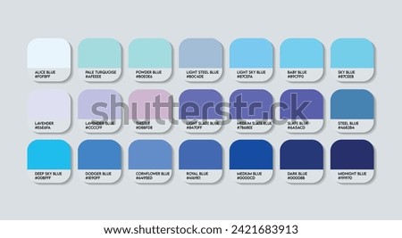 Sky Blue Color Palette, Blue Color Code Guide Palette with Color Names, Catalog Samples Blue with RGB HEX codes. Sky Blue Colors Palette Vector. Plastic, Paints, Fashion Trending Sky Color book icons