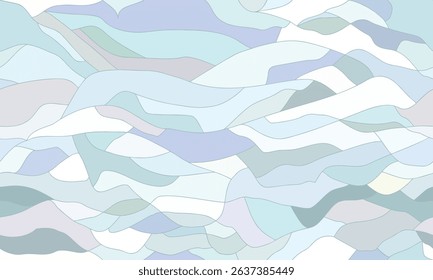 Sky blue cracks texture with stained glass tiffany effect. Cold pastel colors mosaic glued together pieces of different shades in the form of stylized waves. Elegant seamless broken background. Vector