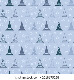 Sky blue cute halloween witch hat repeat seamless pattern print background. Vector illustration. Great for kids and home decor projects. Surface pattern design.