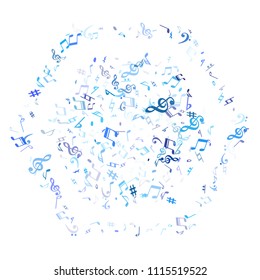 Sky blue and cyan flying musical notes isolated on white background. Stylish musical notation symphony signs, notes for sound and tune music. Vector symbols for melody recording, print or design.