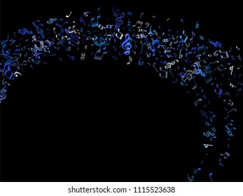 Sky blue and cyan flying musical notes isolated on black background. Stylish musical notation symphony signs, notes for sound and tune music. Vector symbols for melody recording, print or design.
