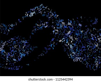 Sky blue and cyan flying musical notes isolated on black background. Fresh musical notation symphony signs, notes for sound and tune music. Vector symbols for melody recording, print or design.