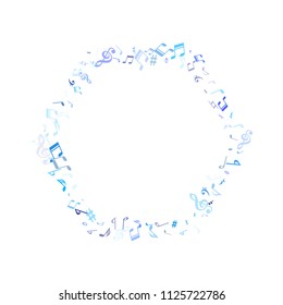 Sky blue and cyan flying musical notes isolated on white background. Cute musical notation symphony signs, notes for sound and tune music. Vector symbols for melody recording, print or design.