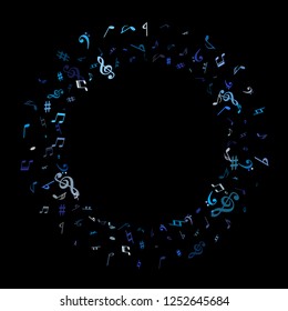 Sky blue and cyan flying musical notes isolated on black background. Cold musical notation symphony signs, notes for sound and tune music. Vector symbols for melody recording, print or design.