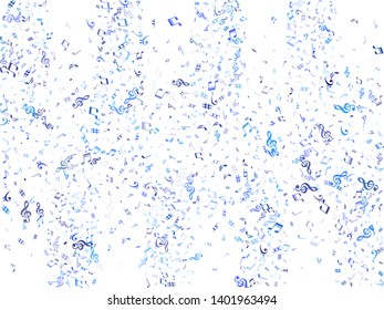 Sky blue and cyan flying musical notes isolated on white background. Cold musical notation symphony signs, notes for sound and tune music. Vector symbols for melody recording, print or design.