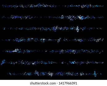 Sky blue and cyan flying musical notes isolated on black backdrop. Cute musical notation symphony signs, notes for sound and tune music. Vector symbols for melody recording, print or design.