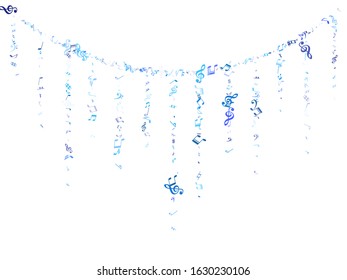 Sky blue and cyan flying musical notes isolated on white backdrop. Brigh musical notation symphony signs, notes for sound and tune music. Vector symbols for melody recording, print or design.