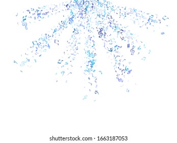 Sky blue and cyan flying musical notes isolated on white background. Cute musical notation symphony signs, notes for sound and tune music. Vector symbols for melody recording, print or design.