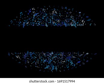 Sky blue and cyan flying musical notes isolated on black backdrop. Contrast musical notation symphony signs, notes for sound and tune music. Vector symbols for melody recording, print or design.