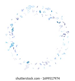 Sky blue and cyan flying musical notes isolated on white background. Stylish musical notation symphony signs, notes for sound and tune music. Vector symbols for melody recording, print or design.