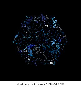 Sky blue and cyan flying musical notes isolated on black backdrop. Cute musical notation symphony signs, notes for sound and tune music. Vector symbols for melody recording, print or design.