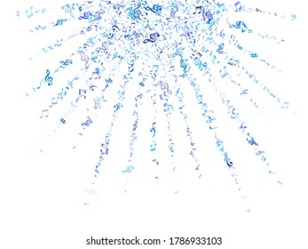 Sky blue and cyan flying musical notes isolated on white backdrop. Fresh musical notation symphony signs, notes for sound and tune music. Vector symbols for melody recording, print or design.